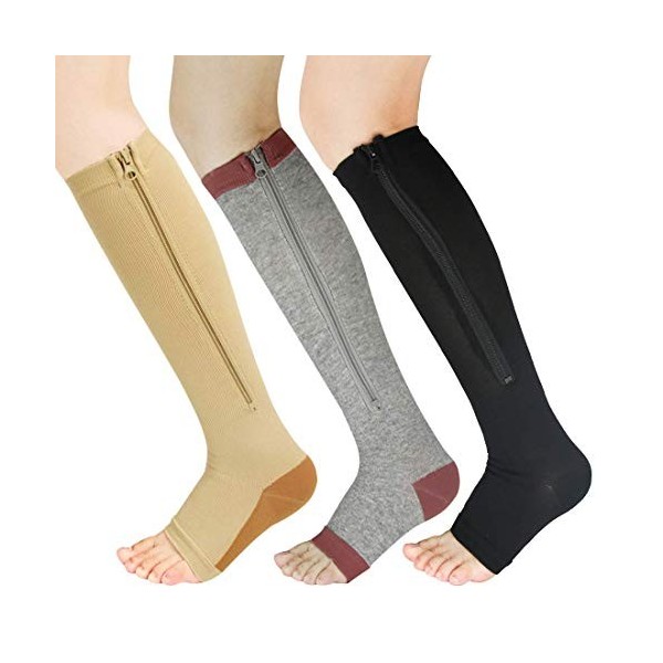 YUSHOW 3 Paires Bas de Contention Femme Zip Fermeture Eclair à Bout 15-20mmhg Ouvert Care Socks pour Veine Variqueuse, Oedeme