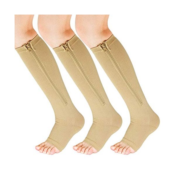 YUSHOW 3 Paires Bas de Contention Femme Zip Fermeture Eclair à Bout 15-20mmhg Ouvert Care Socks pour Veine Variqueuse, Oedeme