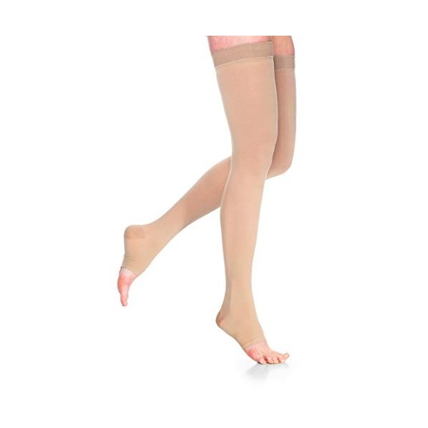 Sigvaris Medi Sheer & Soft cuisse haute élastique en silicone avec 30–40 mmHg Bout ouvert V Ébène