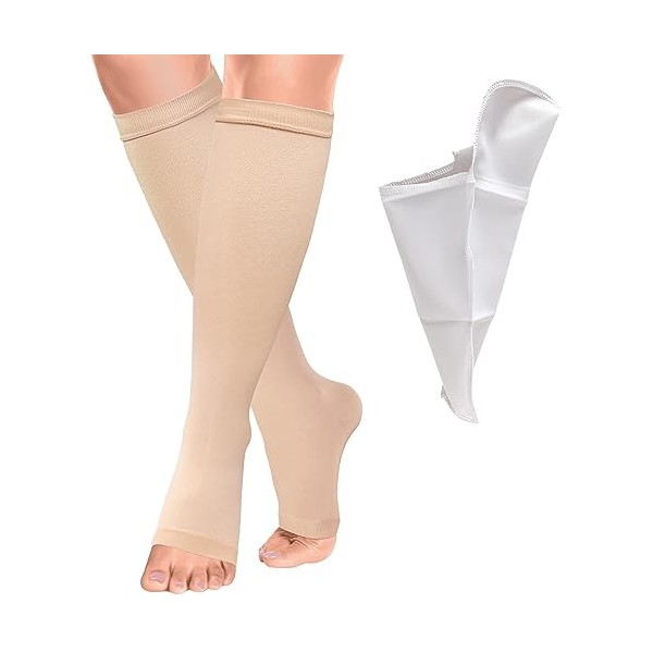 BellaAchtung Bas de Contention Médical Pied Ouvert Chaussettes de compression femme 23-32mmHg Soutien Graduel Manchon de Comp