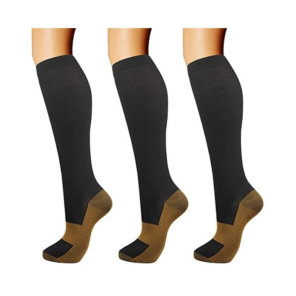 Lot de 3 paires de chaussettes de compression en cuivre pour homme et femme 15-20 mmHg, cuivre-3 paires, XXL