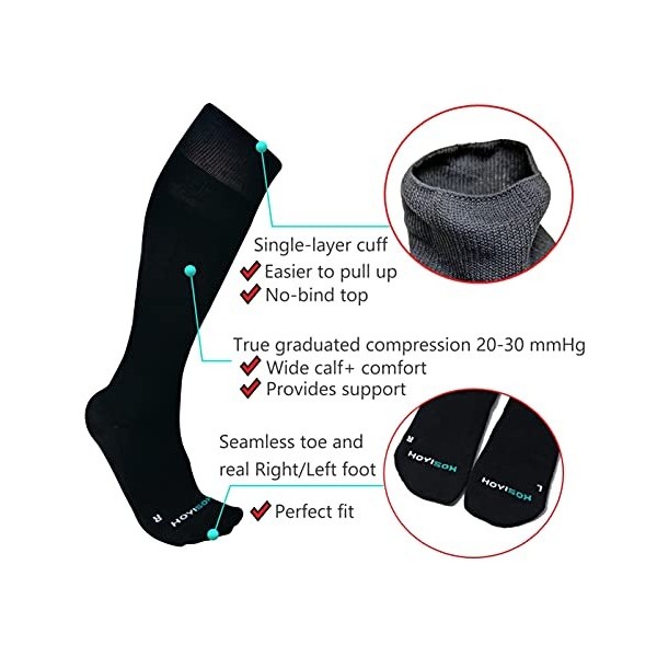 HOYISOX Plus Size Compression Socks 20-30 mmHg for Men and Women, Wide Calf Extra Large 4X, Comfortable Cotton Black, 4X-Lar