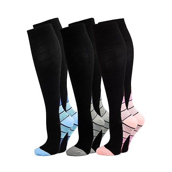 Kuzimua Lot de 3 Paires Chaussettes de Compression Contention pour Hommes et Femmes, pour Running, Sport, Cyclisme, Voyage en