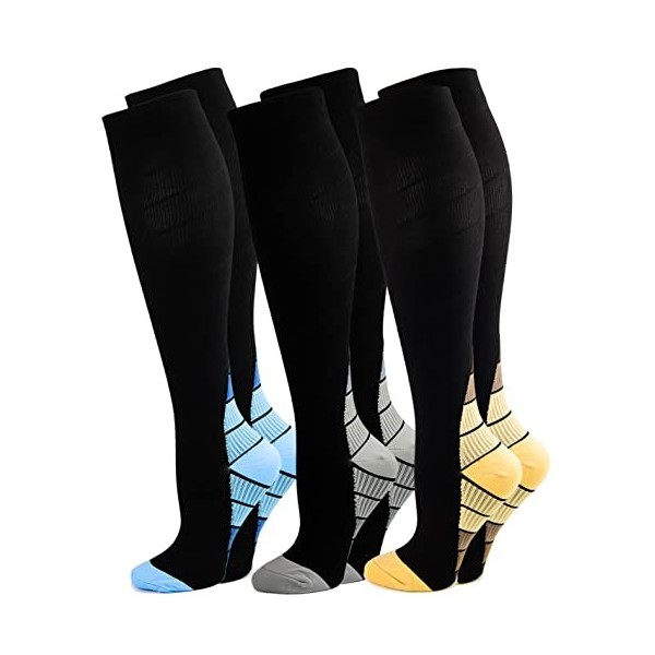 Kuzimua Lot de 3 Paires Chaussettes de Compression Contention pour Hommes et Femmes, pour Running, Sport, Cyclisme, Voyage en