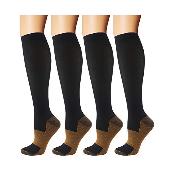 Lot de 4 paires de chaussettes de compression en cuivre pour homme et femme 15-20 mmHg médicales graduées pour le sport, la c