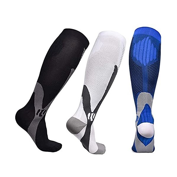 Miavogo 3 paires de bas de compression pour femme, Noir + Blanc + Bleu, 3XL