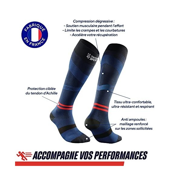 Thuasne - Chaussettes Hautes de Compression Running Sport UP ACTIV - Compression Dégressive de la Cheville vers le Mollet - F