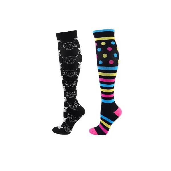 Cheeroyal Lot de 2 paires de chaussettes de compression 20-30 mmHg pour hommes et femmes moyen, Couleur noire à motifs 39 + 