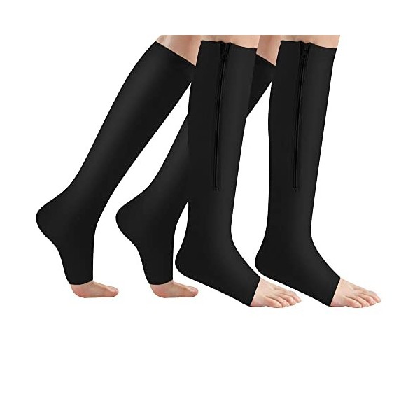 2 Paires de Chaussettes de Compression à Fermeture Eclair 15-20 mmHg-Genou haut bout Ouvert Varices Bonneterie pour œdème, Go