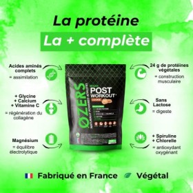 Protéines végétales post workout, BCAA, glycine, spiruline, chlorelle, vitamine C, calcium et magnésium | Fabrication françai