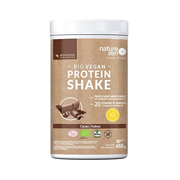 Protéines végétales biologique en poudre de Nature Zen, Cacao, Vegan protein shake, riz, pois jaune et lin bio, sans lactose,