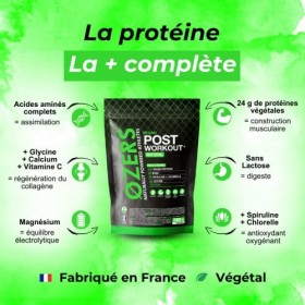 Protéines végétales post workout, BCAA, glycine, spiruline, chlorelle, vitamine C, calcium et magnésium | Fabrication françai