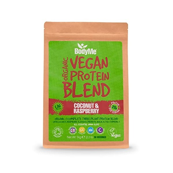 BodyMe Mélange Poudre Proteine Vegan Bio | Cru Coco Framboise | 1kg | NON SUCRE | Faible Glucide | Sans Gluten | 3 Proteines 