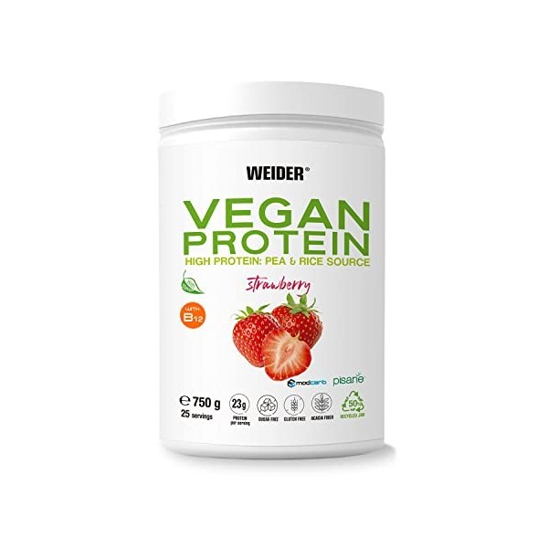 Weider Vegan Protein 750g Goût Fraise. Protéines 100% Vegetal 23g/dose, Pois Isolat Pisane & Riz. Avec Vitamine B12 & Ste