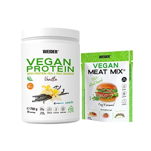 WEIDER PACK Vegan Protein Goût Vanille 750g + Vegan Meat Mix 150g . Protéines 100% Végétales et Qualité. Pack complet pour