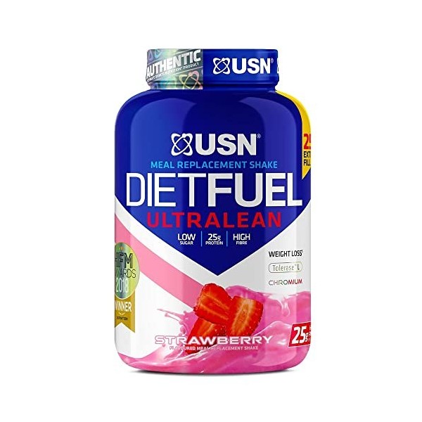 USN Diet Fuel Ultralean - Substitut de Repas en Poudre pour Shaker Protéiné. Perte de Poids. Saveur Fraise. 2.5 kg. UN211