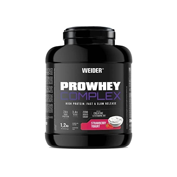 Weider ProWhey Complex 1,2kg Goût Yaourt à la Fraise. Formule à base de Concentrés & Isolat de Protéine de Lactosérum + Cas