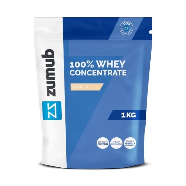 Zumub 100% Whey Protein Concentrate Vanille 1kg - Protéine en Poudre Riche en Concentré de Protéines de Lactosérum pour Muscu