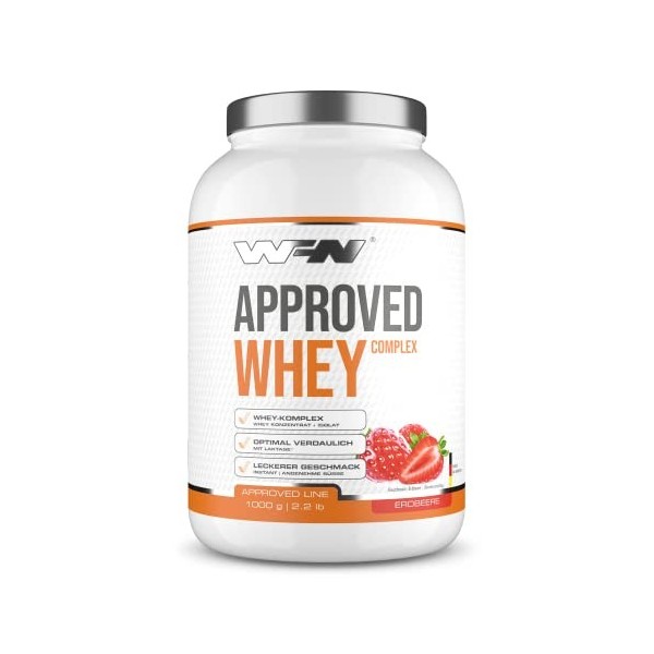 WFN Approved Whey - Fraise - 1 kg - Poudre de protéine avec lactase - Protéine de petit-lait très soluble - Fabriqué en Allem