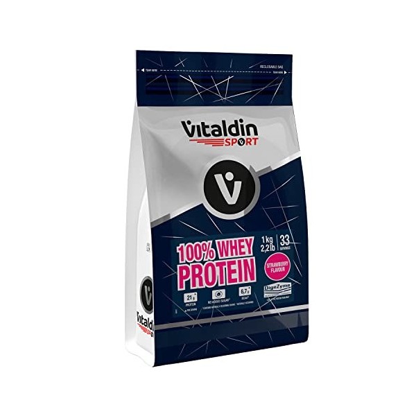 VITALDIN SPORT 100% Whey Protein 1 Kg – 100% Protéines de Lactosérumen en Poudre avec Digezyme - Renforcement Musculaire & Ré