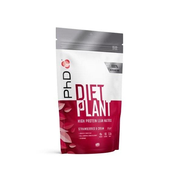 PhD Nutrition Diet Plant, Protéine Vegan pour Musculation et Prise de Masse, Goût Fraise et Crème, 19 g de protéines, 500 g 