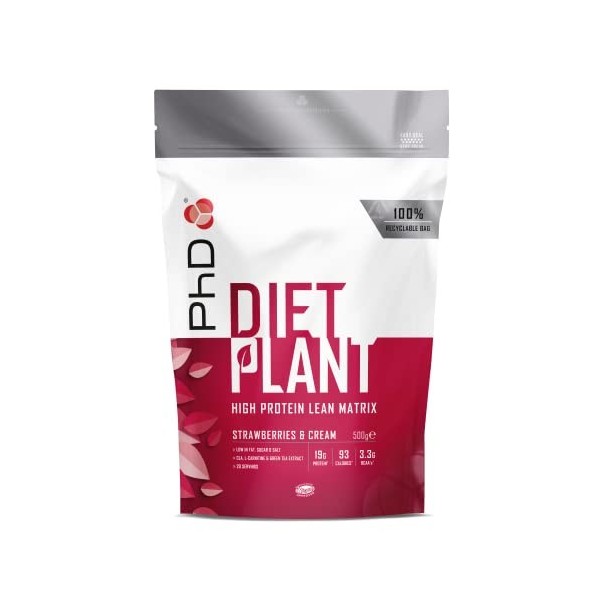 PhD Nutrition Diet Plant, Protéine Vegan pour Musculation et Prise de Masse, Goût Fraise et Crème, 19 g de protéines, 500 g 