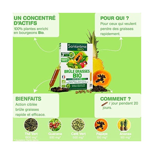 Santarome Bio - Brûle Graisses Bio | Complément Alimentaire Minceur - A base de Guarana, Thé vert, café vert, ananas et Papay