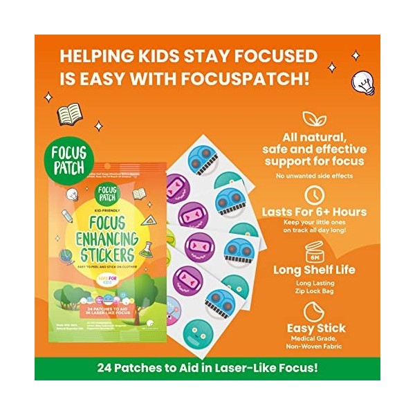 BuzzPatch FocusPatch Lot de 24 autocollants améliorateurs de concentration pour enfants et adultes – Le patch naturel – Entiè