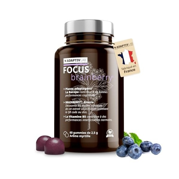 AdaptivLAB FOCUS Brainberry Gummies pour Memoire et Concentration - Anti Stress Adulte Cerveau Complement Alimentaire avec Ar