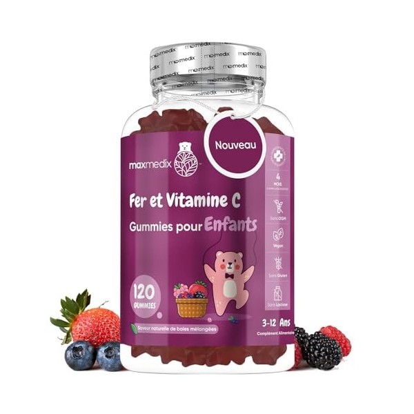 Gummies Enfants Vitamine C 10mg & Fer 7mg - 120 Gummies Vitamines Enfants 4 Mois 3 à 12 Ans - Gummies Vitamine C Acide Asco