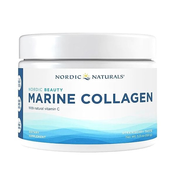 Nordic Naturals, Marine Collagen, Poudre de Collagène de Poisson, Goût Fraise, 150g de Poudre, Testé en Laboratoire, Sans Glu