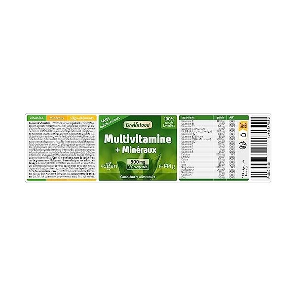 Greenfood MultiVitamine, 800 mg, dose élevée - toutes les vitamines importantes besoins quotidiens , minéraux et oligo-éléme