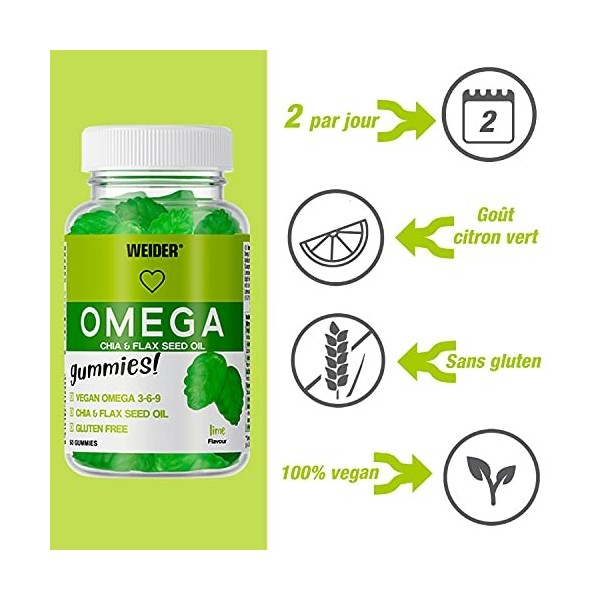 Weider Omega Gummies, Omégas 3-6-9 Essentiels pour le Cœur, la Peau et le Système Anti-Inflammatoire, Vegan, sans Gluten, san