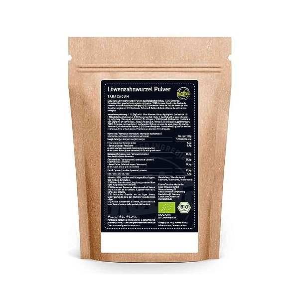 Biotiva Racine de pissenlit moulue 100g - Premiun qualité bio - Taraxacum officinale - Poudre de pissenlit - Mis en bouteille