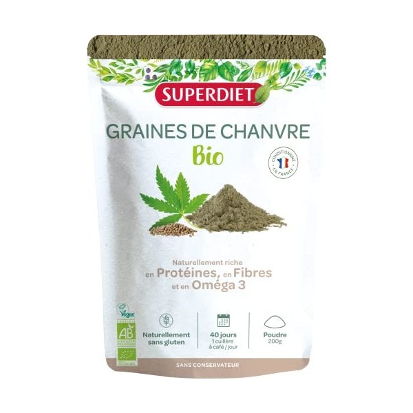 SUPERDIET -GRAINES DE CHANVRE BIO - Sachet papier avec zip refermable - Conditionné en France - 200g de poudre