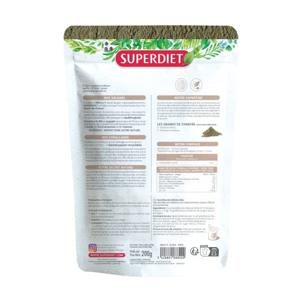 SUPERDIET -GRAINES DE CHANVRE BIO - Sachet papier avec zip refermable - Conditionné en France - 200g de poudre