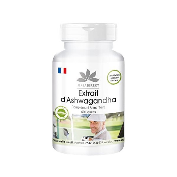 Ashwangandha - 1000mg par dose journalière - au moins 5% de Withanolide - Ginseng Indien Withania Somnifera - 60 capsules |