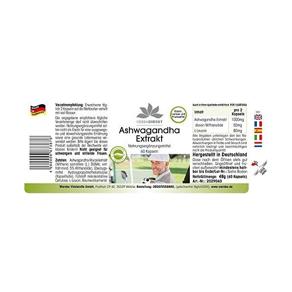 Ashwangandha - 1000mg par dose journalière - au moins 5% de Withanolide - Ginseng Indien Withania Somnifera - 60 capsules |