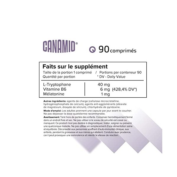 Sleep comlex Complexe du sommeil L-Tryptophane Vitamine B6 Mélatonine 90 comprimés CANAMIO Soutient le système nerveux et u