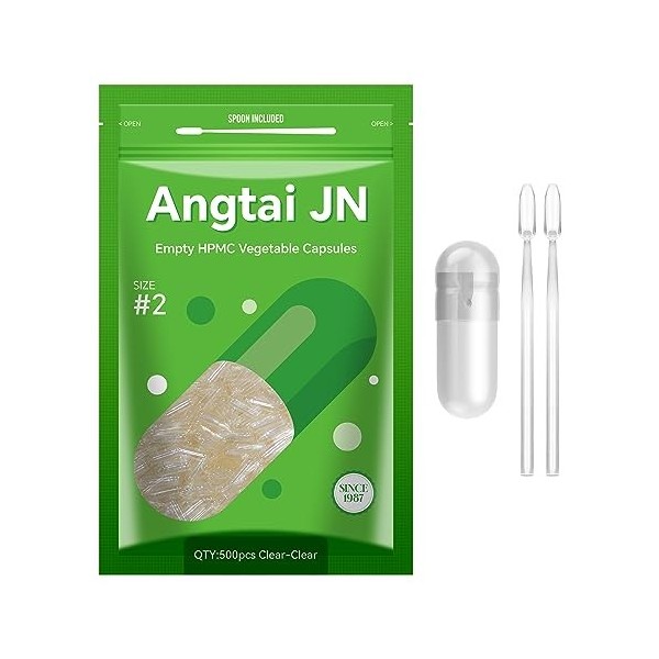 Gélules vides végétales Angtai JN Capsules végétales transparentes 500 unités , capsules vides remplies taille 2,avec cuillèr