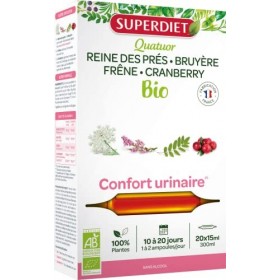 SUPERDIET-QUATUOR CONFORT URINAIRE BIO - Reine des prés, Bruyère, Frêne, Cranberry- Fabrication Française - 20 ampoules de 15