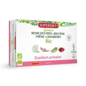 SUPERDIET-QUATUOR CONFORT URINAIRE BIO - Reine des prés, Bruyère, Frêne, Cranberry- Fabrication Française - 20 ampoules de 15