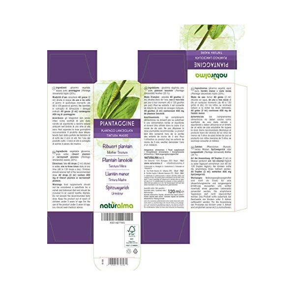 Plantain lancéolé Plantago lanceolata feuilles Teinture Mère sans alcool Naturalma | Extrait liquide gouttes 120 ml | Compl