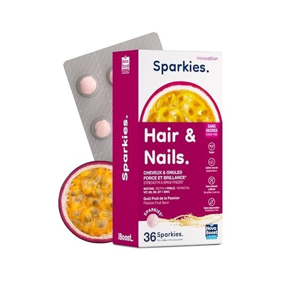 NovaBoost - Sparkies Hair & Nails - Cheveux et Ongles - Complément Alimentaire à boire - Biotine, Prêle, Thé vert - Saveur fr