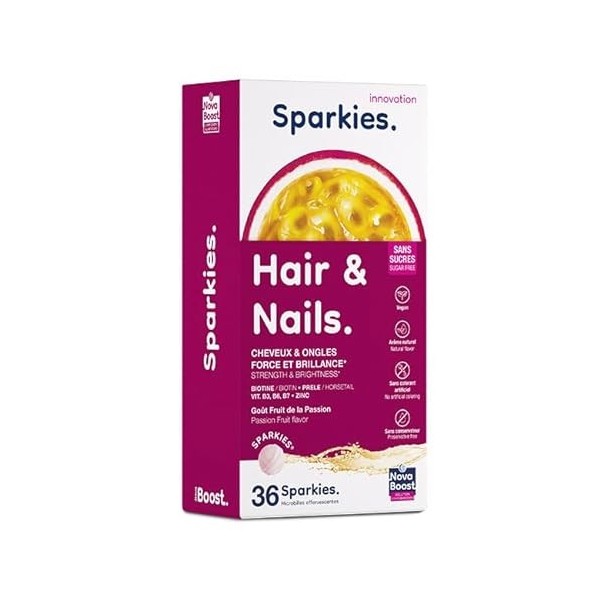 NovaBoost - Sparkies Hair & Nails - Cheveux et Ongles - Complément Alimentaire à boire - Biotine, Prêle, Thé vert - Saveur fr