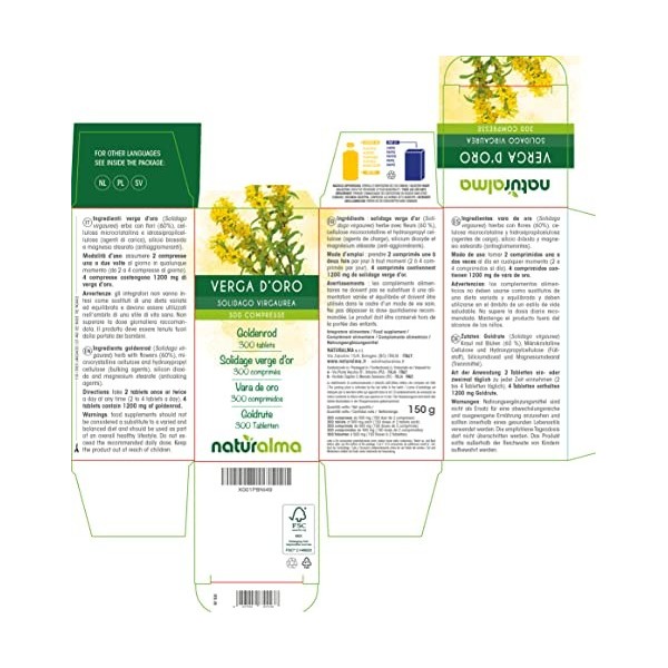 Solidage verge dor Solidago virgaurea herbe avec fleurs Naturalma | 150 g | 300 comprimés de 500 mg | Complément alimentai