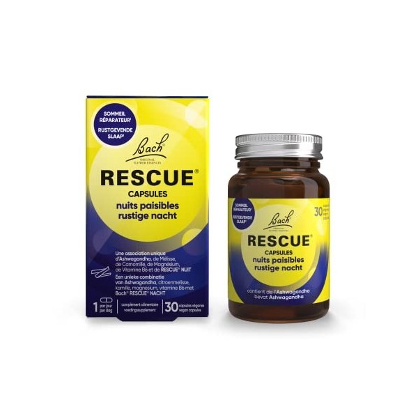 RESCUE Capsules Nuits Paisibles, sommeil réparateur, relaxation optimale, mélange de 6 Fleurs de Bach Original + ashwagandha 