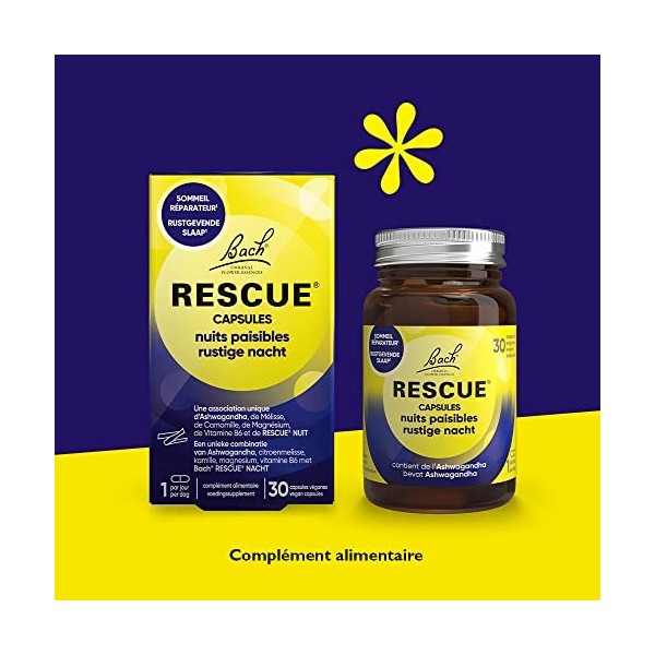 RESCUE Capsules Nuits Paisibles, sommeil réparateur, relaxation optimale, mélange de 6 Fleurs de Bach Original + ashwagandha 