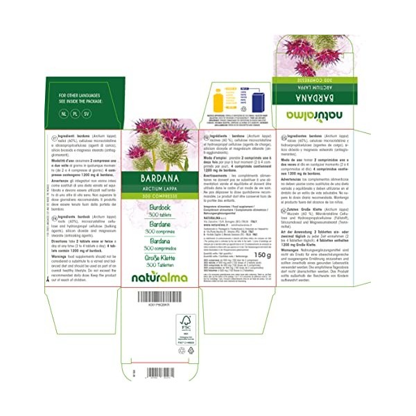 Bardane Arctium lappa racines Naturalma | 150 g | 300 comprimés de 500 mg | Complément alimentaire | Naturel et Végétalien