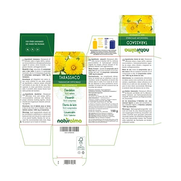 Pissenlit Taraxacum officinale racines et feuilles Naturalma | 150 g | 300 comprimés de 500 mg | Complément alimentaire | N